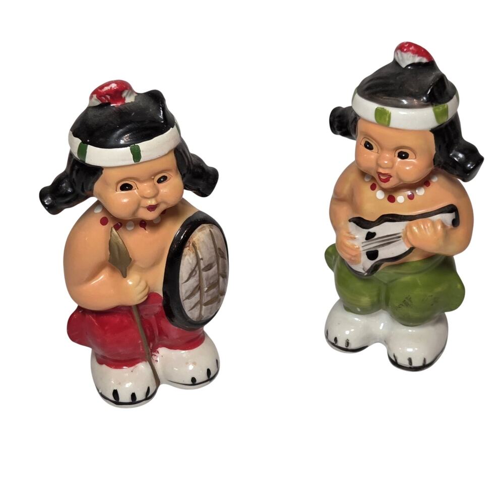 Vintage 1950s Japan Hawaiian Salt Pepper Shakers Ukulele Tiki Polynesian Pair
